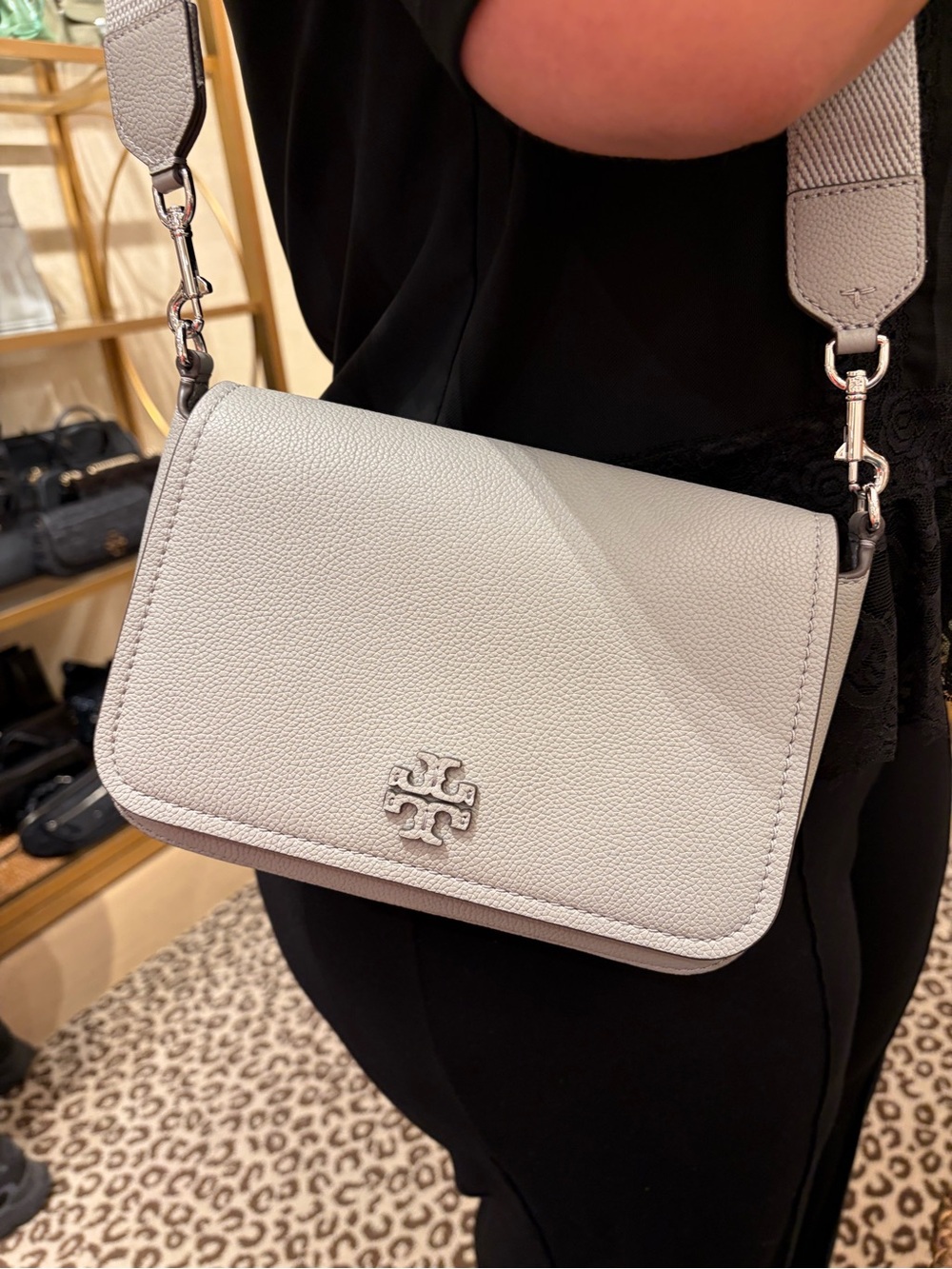 Tory Burch cement gray Leather Logo Crossbody with 2 straps new